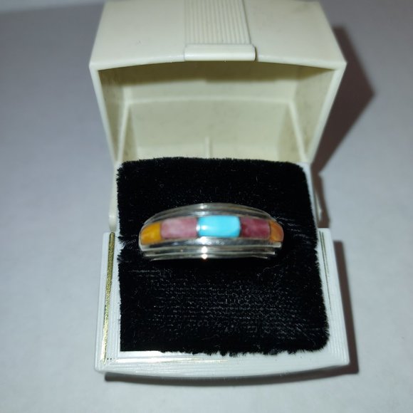 Native American Wide turquoise  & spiny oyster Inlay Ring Signed I J - Picture 2 of 11